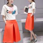 Set: Short-sleeve Print T-shirt + A-line Midi Skirt