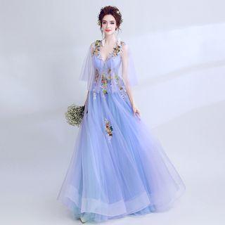 Flower Applique Deep Plunge Ball Gown