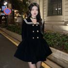 Long-sleeve Double-breasted A-line Velvet Dress Black - One Size