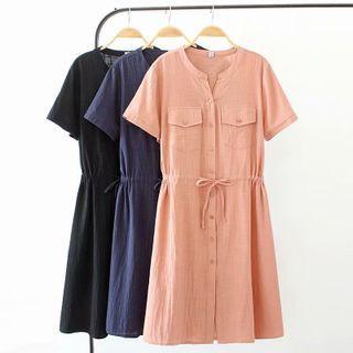 Short-sleeve Tie-waist Button-up A-line Dress
