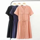 Short-sleeve Tie-waist Button-up A-line Dress