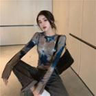 Long-sleeve Dye Print T-shirt Black - One Size