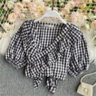 Ruffled Bow-back Check Cropped Blouse
