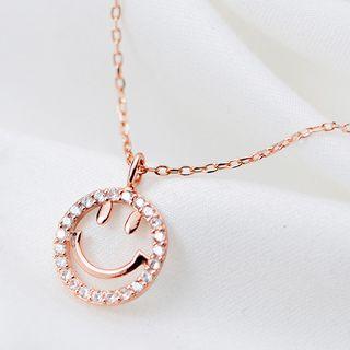 925 Sterling Silver Rhinestone Smiley Pendant Necklace