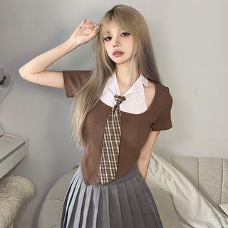 Mock Two-piece Short-sleeve Irregular Crop Top