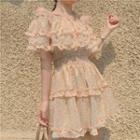 Off Shoulder Short-sleeve A-line Dress Floral - Almond - One Size