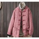 Knot Button Check Padded Jacket Plaid - Black - One Size
