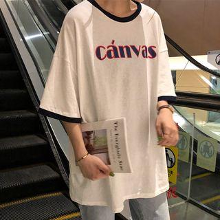 3/4-sleeve Contrast Trim Letter T-shirt