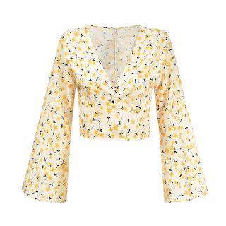 3/4-sleeve Floral Print Cropped Top