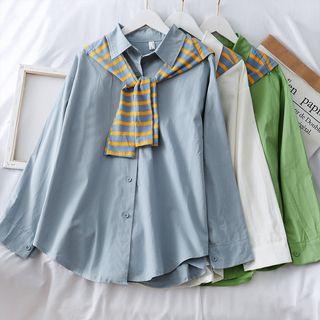 Set: Loose-fit Plain Top + Striped Knit Shawl