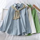 Set: Loose-fit Plain Top + Striped Knit Shawl