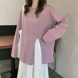 Long-sleeve Round Neck Plain Loose-fit T-shirt