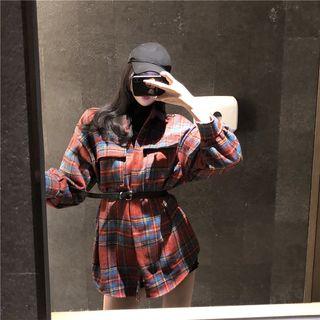 Turtleneck Long-sleeve T-shirt / Plaid Oversize Shirt