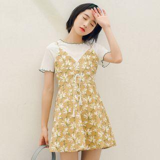 Set: Short-sleeve Top + Strappy Floral A-line Dress