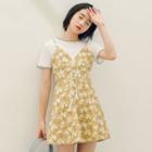 Set: Short-sleeve Top + Strappy Floral A-line Dress