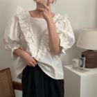 Square Neck Frill Trim Puff Sleeve Loose-fit Top