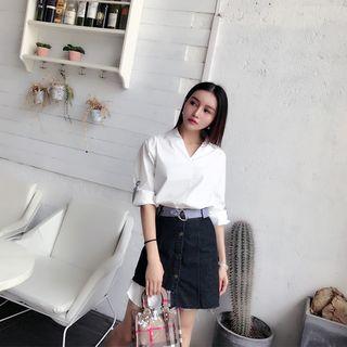 Set: V-neck Shirt Dress + Asymmetric Denim Skirt