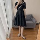 Short-sleeve V-neck Plain Lace-up Dress