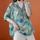 Elbow-sleeve Floral Print Blouse Floral - Green - One Size