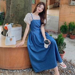 Puff-sleeve Dotted Top / Spaghetti Strap Slim-fit Denim Dress
