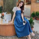 Puff-sleeve Dotted Top / Spaghetti Strap Slim-fit Denim Dress