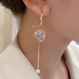 Rabbit Rhinestone Faux Pearl Dangle Earring 1 Pair - Asymmetric - Gold - One Size