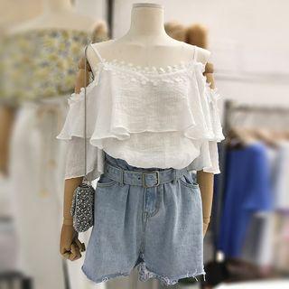 Set: Elbow-sleeve Chiffon Top + Denim Shorts