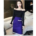 Off-shoulder Long-sleeve Knit Top / Color Block Knit Skirt