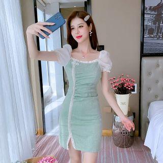 Puff-sleeve Contrast Trim Sheath Dress