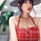 Plaid Slim-fit Halter Sleeveless Top