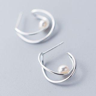 925 Sterling Silver Faux Pearl Open Hoop Earring Silver - One Size