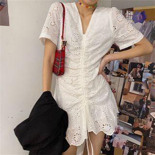 Short-sleeve Eyelet Lace Drawcord A-line Mini Dress