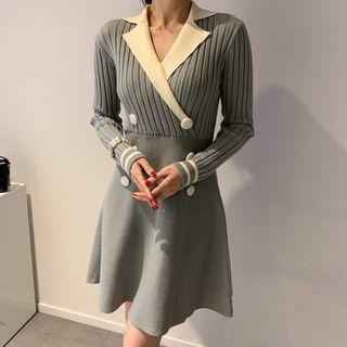 Collared Long-sleeve Knit A-line Dress
