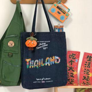 Lettering Denim Tote Bag With Charm - Blue - One Size