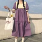 Square Neck Short-sleeve Midi A-line Dress Purple - One Size