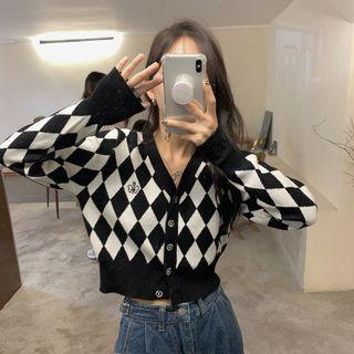 V-neck Argyle Cropped Cardigan Black - One Size