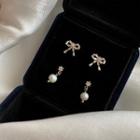 2-pair Set: Rhinestone Bow Earring / Faux Pearl Dangle Earring Set Of 2 Pair - 925 Silver Earrings - White & Gold - One Size