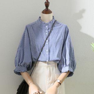 Lantern-sleeve Stand-collar Plaid Shirt