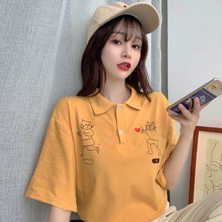 Elbow-sleeve Cat Printed Polo Shirt