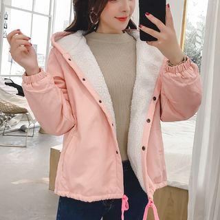 Cat Print Fleece-lined Hooded Button Jacket