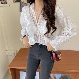 Puff-sleeve Perforated Ruffle Trim Blouse
