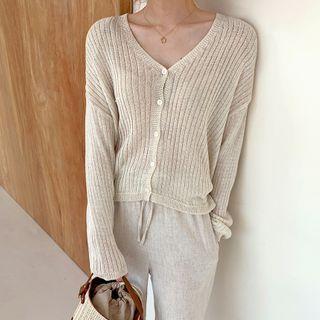 Drop-shoulder Ribbed Cardigan