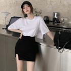 High-waist Plain Split Skinny Mini Skirt