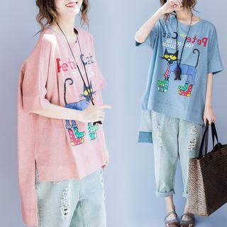 Elbow-sleeve Cat Print High-low T-shirt Blue - One Size