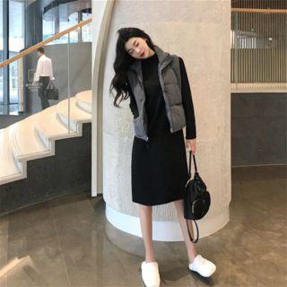 Long Sleeve Plain T-shirt Dress / Padded Vest