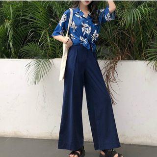 Floral Print Short-sleeve Shirt / Wide Leg Pants