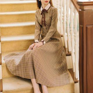 Long-sleeve Bow Plaid Midi A-line Shirtdress