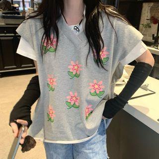 Short-sleeve Plain T-shirt / Sleeveless Floral Print T-shirt