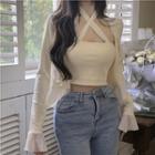 Long-sleeve Sheer Ruffle Cardigan / Halter-neck Cropped Camisole Top