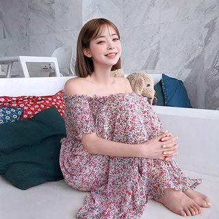 Off-shoulder Smocked Floral Chiffon Long Dress